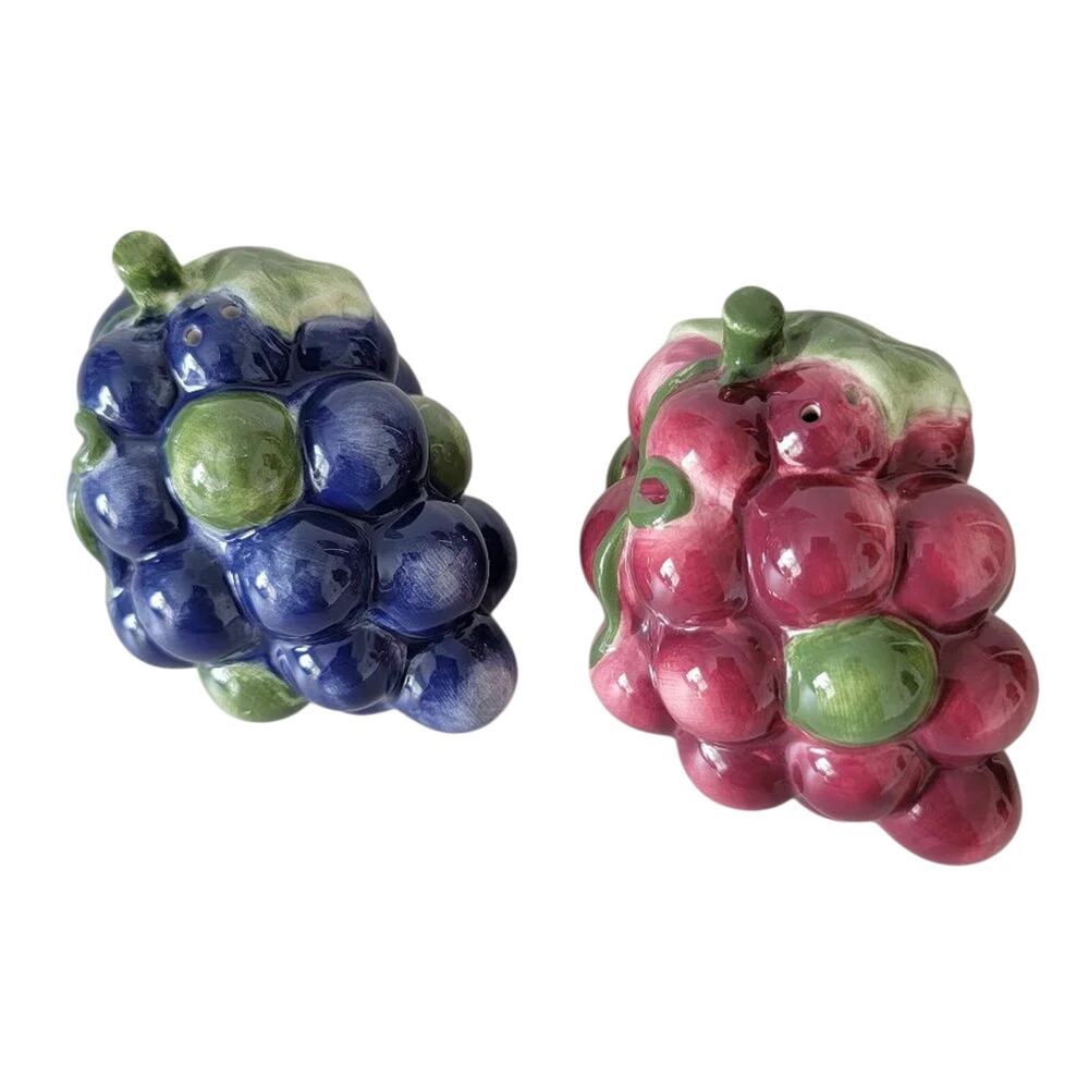 Vintage Grape Cluster Salt and Pepper Shakers Ceramic Purple Burgundy 1970s